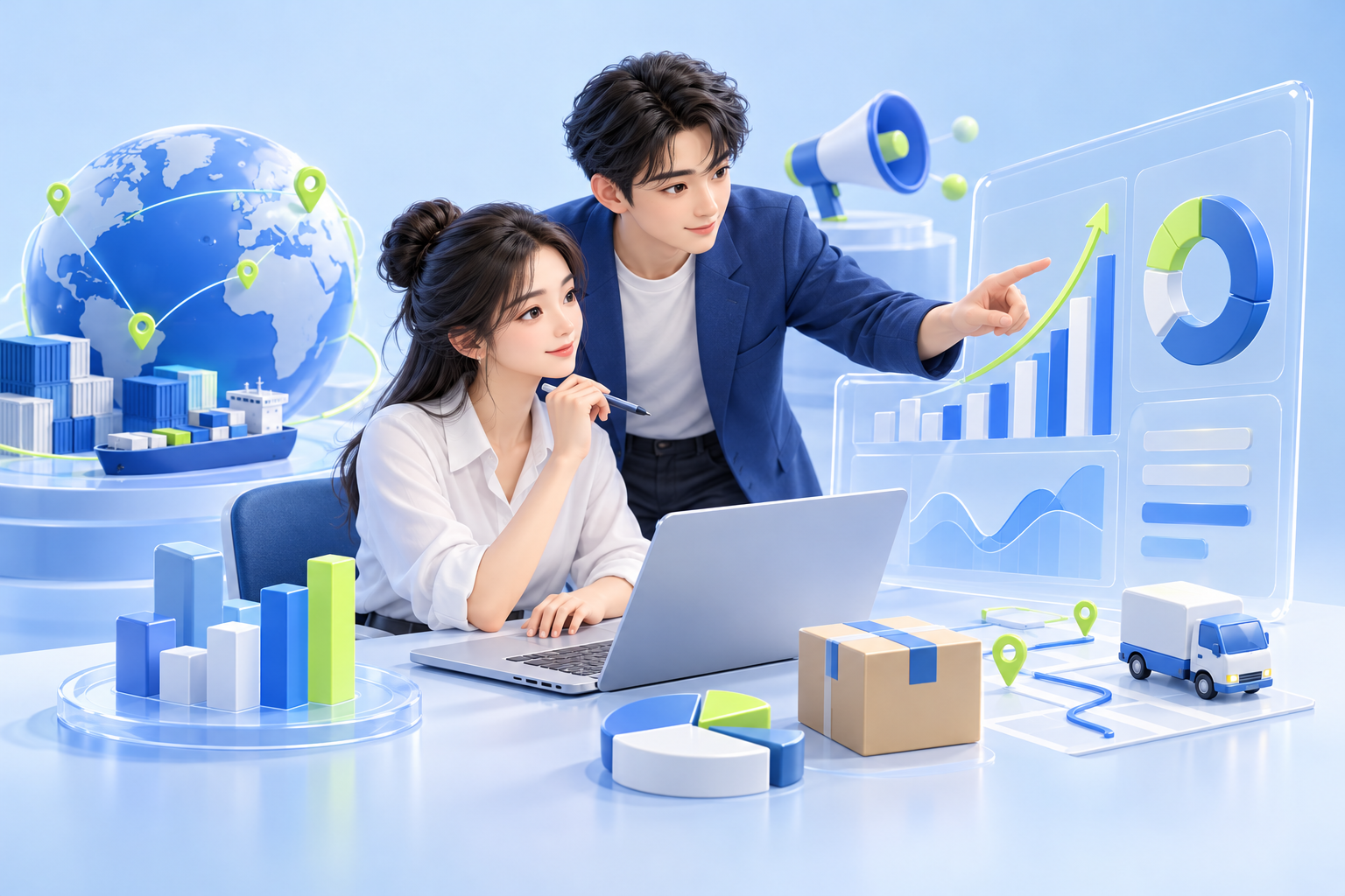 Minh họa phân tích kinh doanh, marketing và logistics: phân tích dữ liệu, khách hàng và vận chuyển hàng hóa.