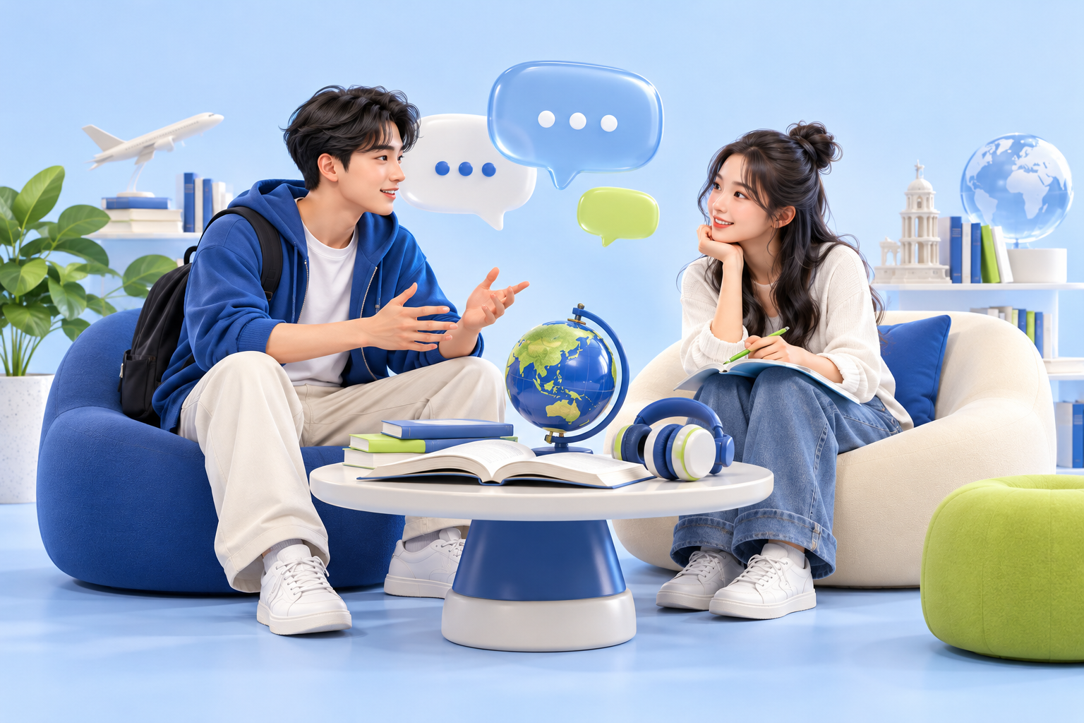 Minh họa ngôn ngữ và kết nối: học ngoại ngữ, trao đổi ý tưởng và giao tiếp liên văn hóa.