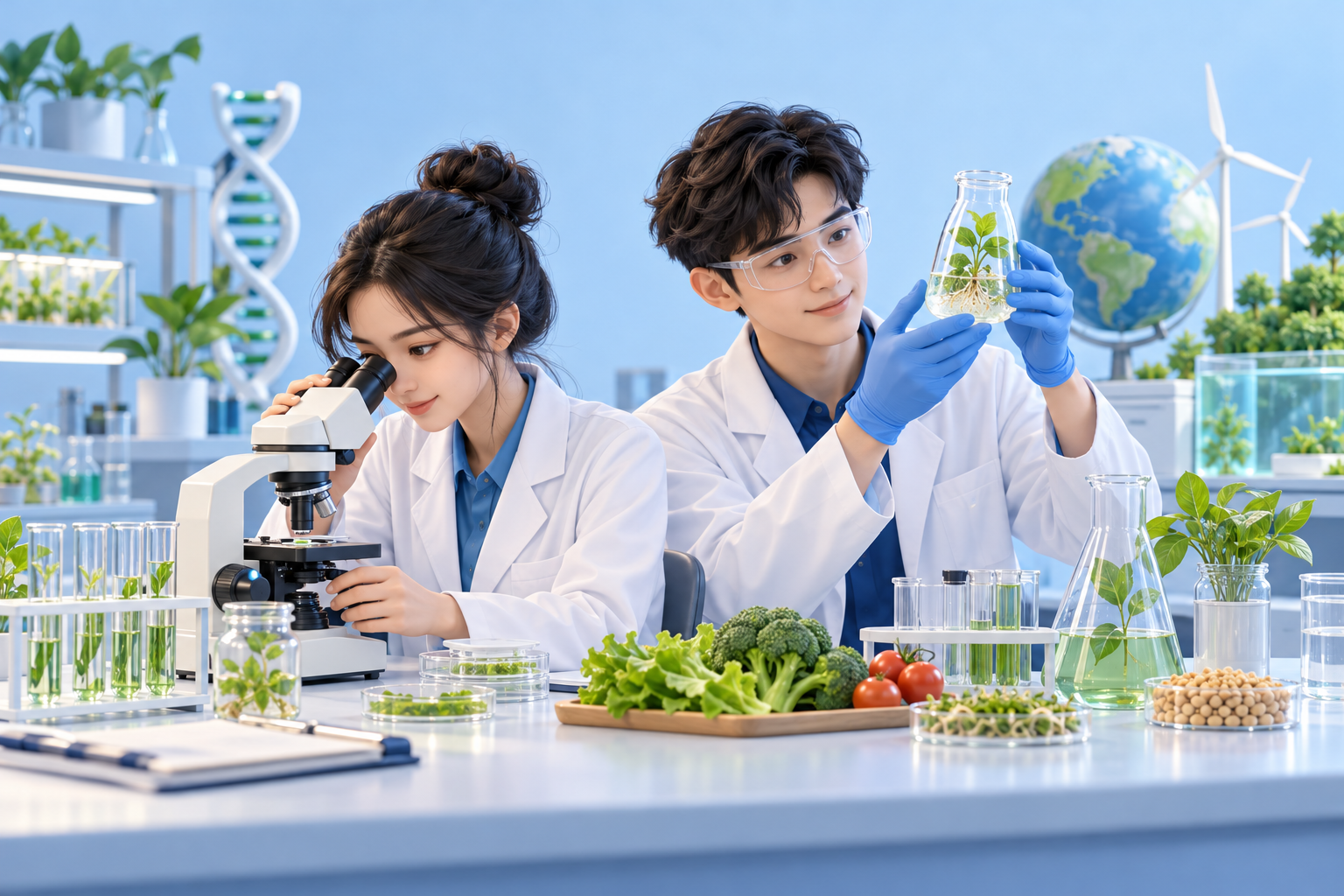 Minh họa khoa học và sự sống: nhà khoa học làm việc với kính hiển vi, thực vật và phòng thí nghiệm.
