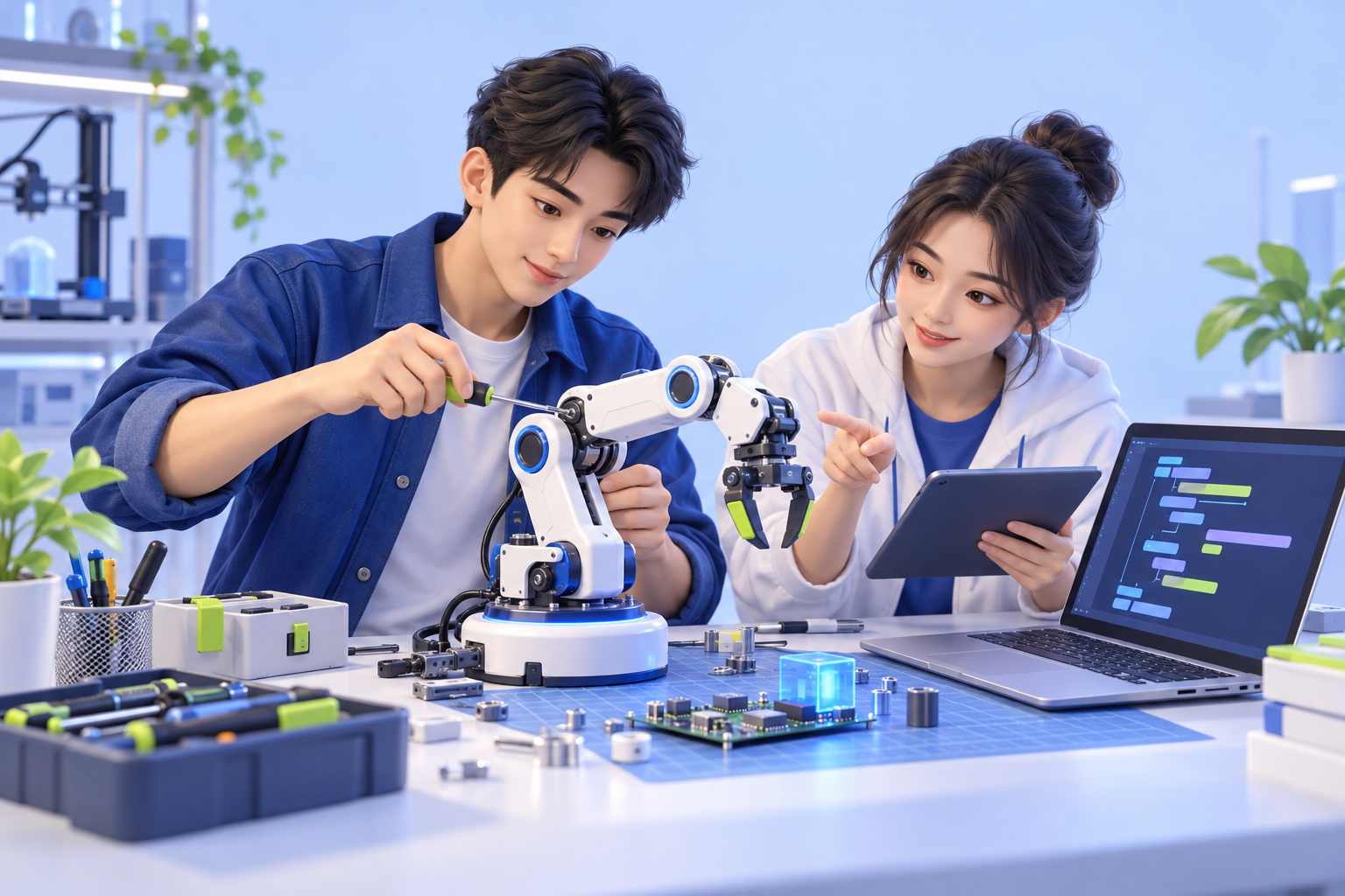 Minh họa công nghệ và kỹ thuật: kỹ sư lập trình, mạch điện tử và cánh tay robot.